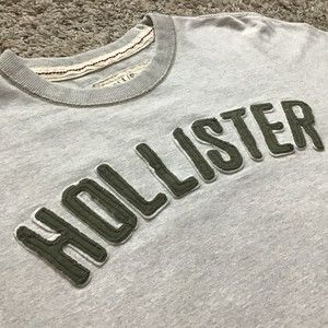 Hollister Men's Long Sleeve Tee Shirt Small Grey Oatmeal Embroidered Spellout